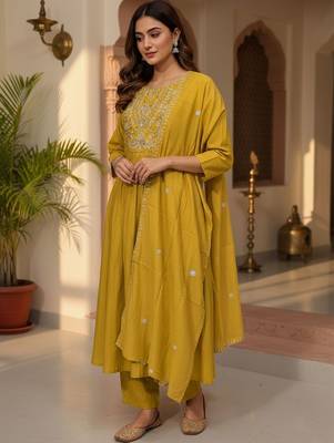 Women Ethnic Motifs Embroidered Pleated Thread Work Kurta with Trousers & With Dupatta 1