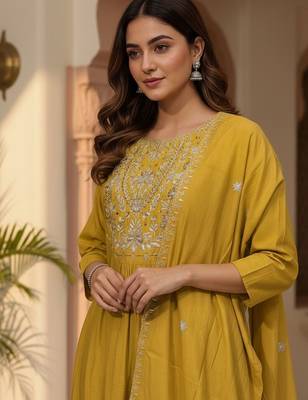 Women Ethnic Motifs Embroidered Pleated Thread Work Kurta with Trousers & With Dupatta 2