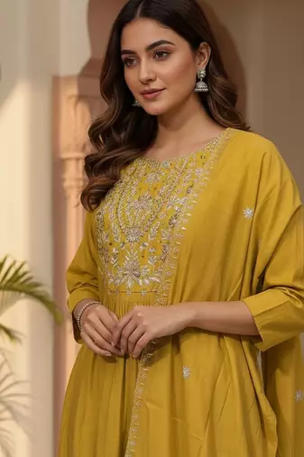 Women Ethnic Motifs Embroidered Pleated Thread Work Kurta with Trousers & With Dupatta