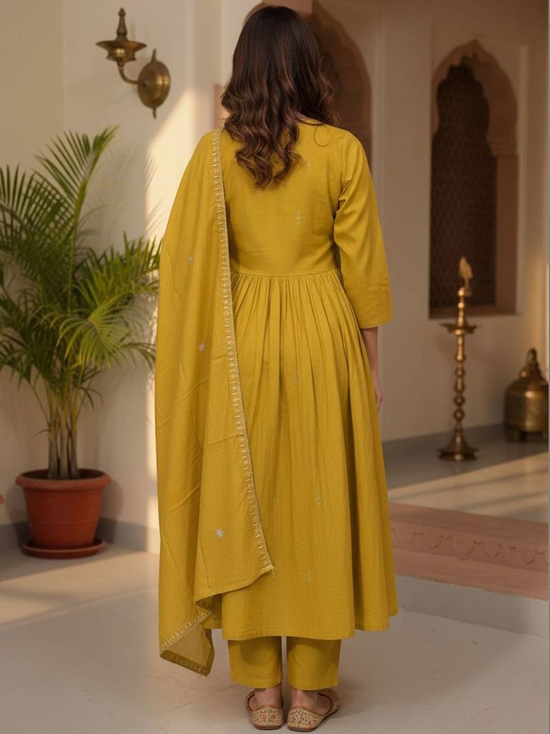 Women Ethnic Motifs Embroidered Pleated Thread Work Kurta with Trousers & With Dupatta