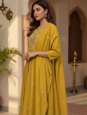 Women Ethnic Motifs Embroidered Pleated Thread Work Kurta with Trousers & With Dupatta 4