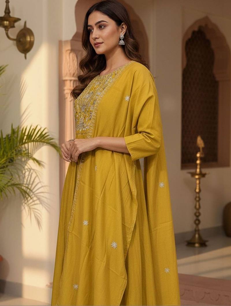 Women Ethnic Motifs Embroidered Pleated Thread Work Kurta with Trousers & With Dupatta