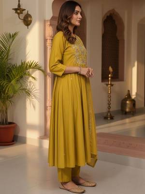 Women Ethnic Motifs Embroidered Pleated Thread Work Kurta with Trousers & With Dupatta 5