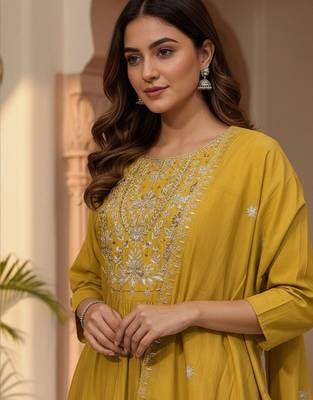 Women Ethnic Motifs Embroidered Pleated Thread Work Kurta with Trousers & With Dupatta 6
