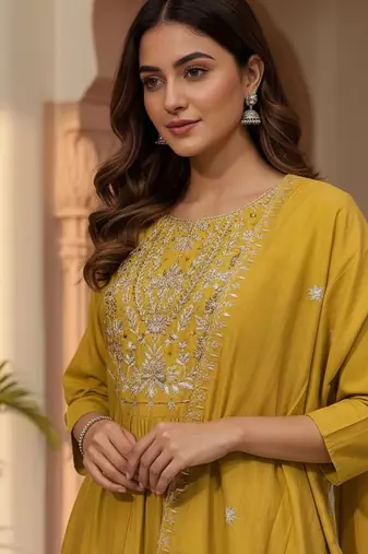 Women Ethnic Motifs Embroidered Pleated Thread Work Kurta with Trousers & With Dupatta