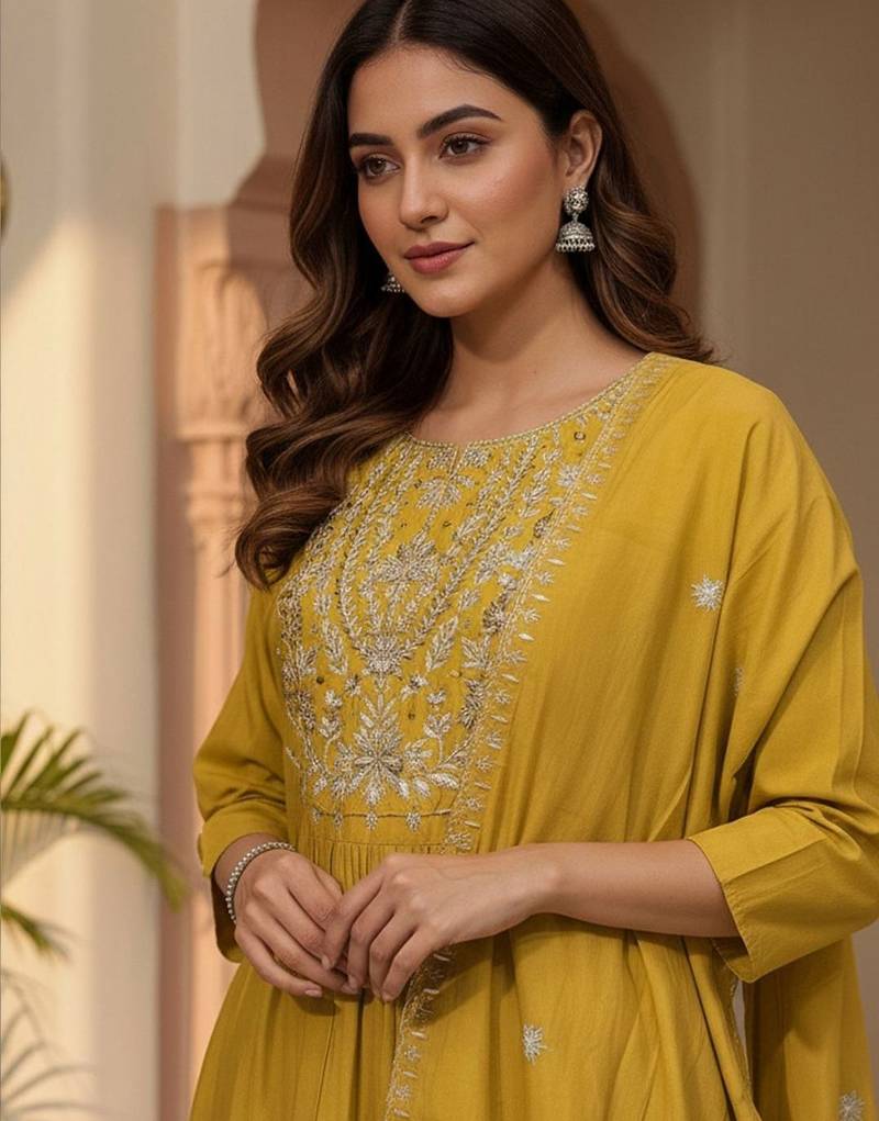 Women Ethnic Motifs Embroidered Pleated Thread Work Kurta with Trousers & With Dupatta