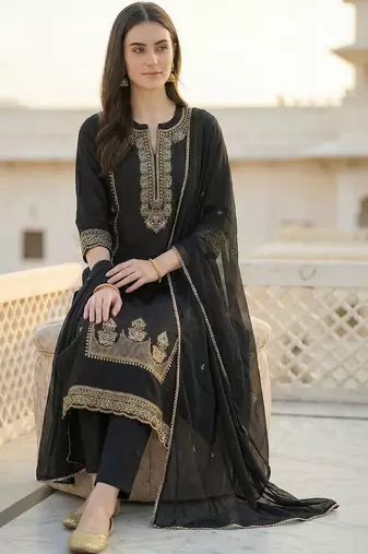 Women Ethnic Motifs Embroidered Regular Thread Work Kurta with Trousers & With Dupatta