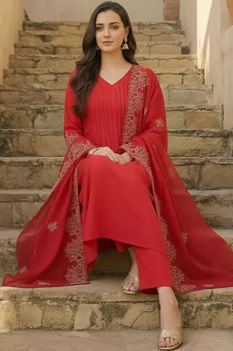 Women Ethnic Motifs Panelled Thread Work Kurta with Trousers & With Dupatta