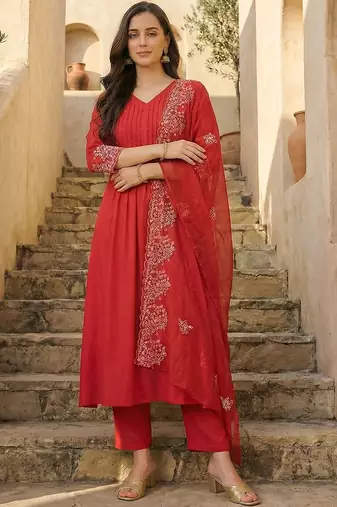 Women Ethnic Motifs Panelled Thread Work Kurta with Trousers & With Dupatta