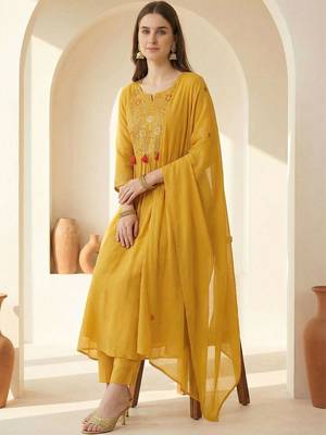 Women Ethnic Motifs Embroidered Pleated Thread Work Kurta with Trousers & With Dupatta 1
