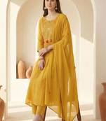 Women Ethnic Motifs Embroidered Pleated Thread Work Kurta with Trousers & With Dupatta