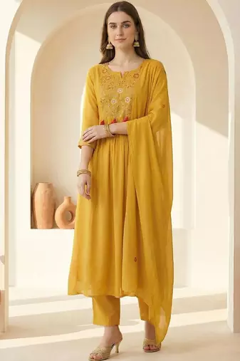 Women Ethnic Motifs Embroidered Pleated Thread Work Kurta with Trousers & With Dupatta