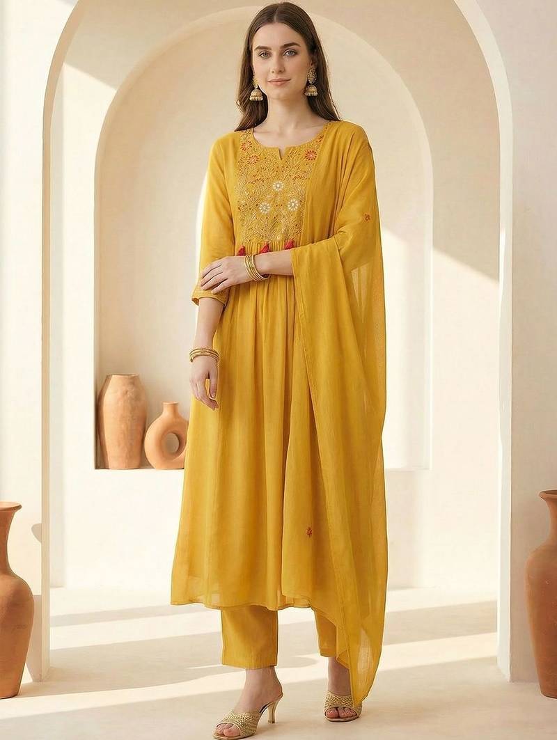 Women Ethnic Motifs Embroidered Pleated Thread Work Kurta with Trousers & With Dupatta