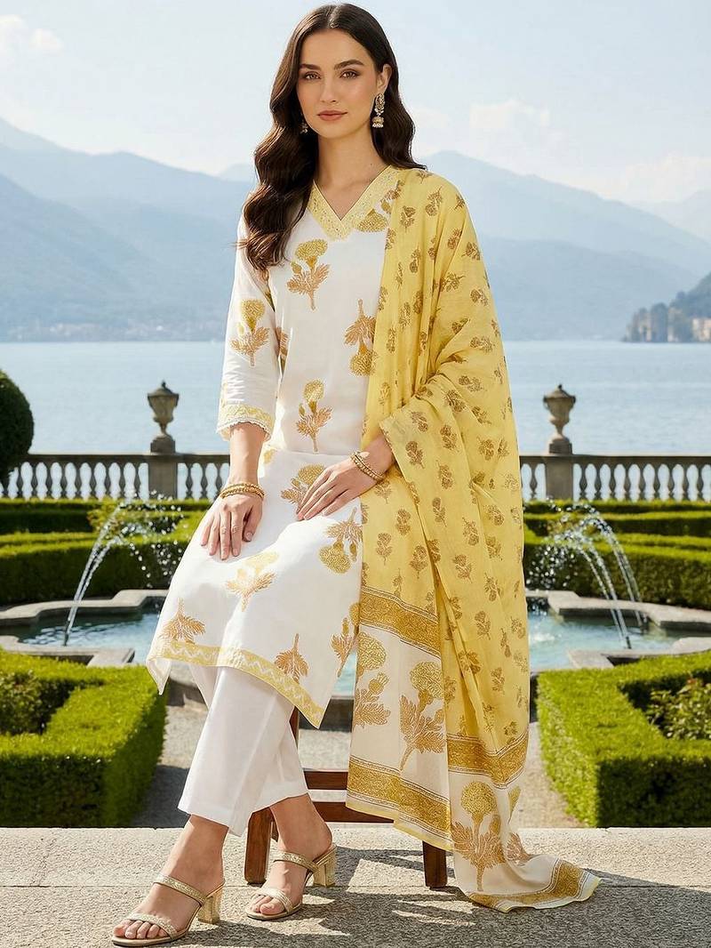 Women Floral Printed Regular Pure Cotton Kurta with Trousers & With Dupatta