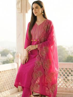 Women Ethnic Motifs Embroidered Regular Pure Cotton Kurta with Trousers & With Dupatta 1