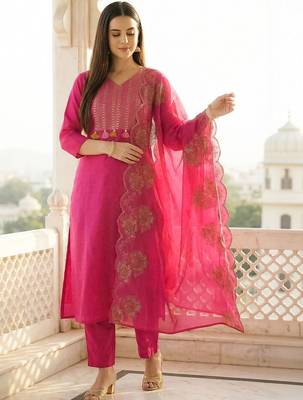 Women Ethnic Motifs Embroidered Regular Pure Cotton Kurta with Trousers & With Dupatta 2