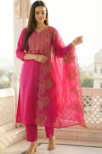 Women Ethnic Motifs Embroidered Regular Pure Cotton Kurta with Trousers & With Dupatta