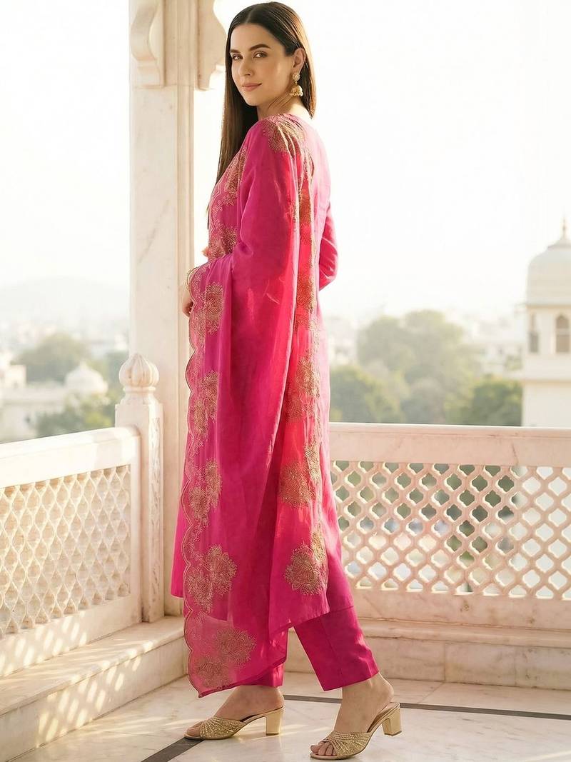 Women Ethnic Motifs Embroidered Regular Pure Cotton Kurta with Trousers & With Dupatta