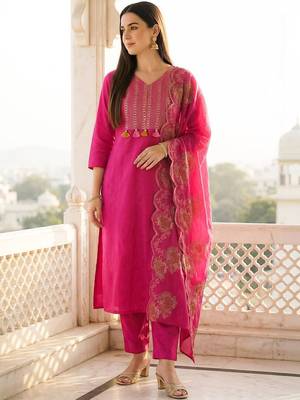 Women Ethnic Motifs Embroidered Regular Pure Cotton Kurta with Trousers & With Dupatta 4