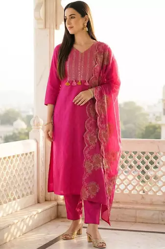 Women Ethnic Motifs Embroidered Regular Pure Cotton Kurta with Trousers & With Dupatta