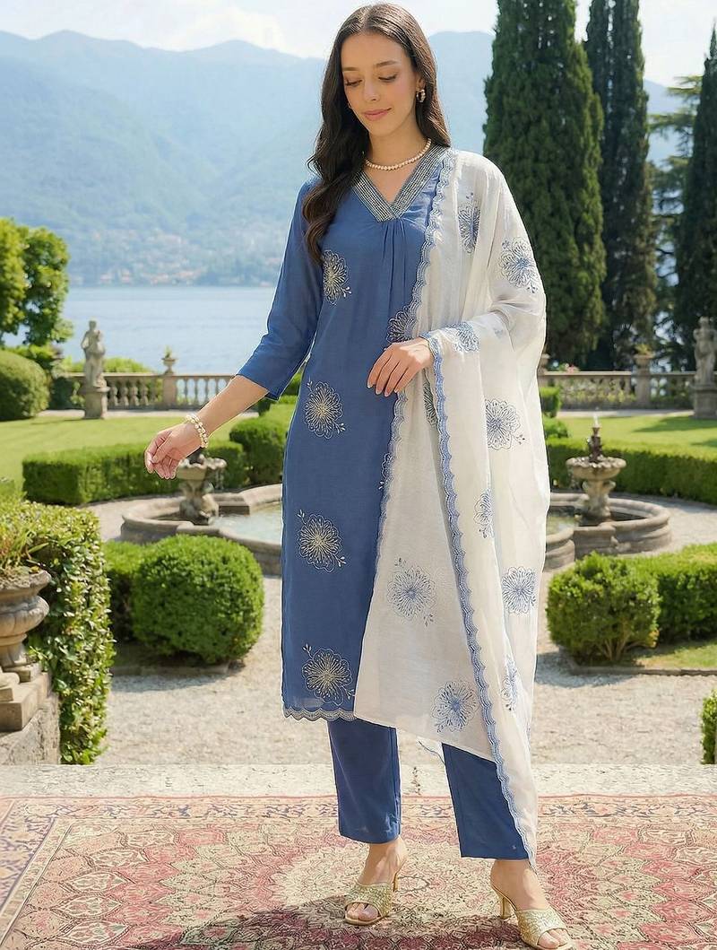 Women Floral Embroidered Regular Thread Work Kurta with Trousers & With Dupatta