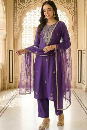 Women Ethnic Motifs Embroidered Regular Thread Work Kurta with Trousers & With Dupatta