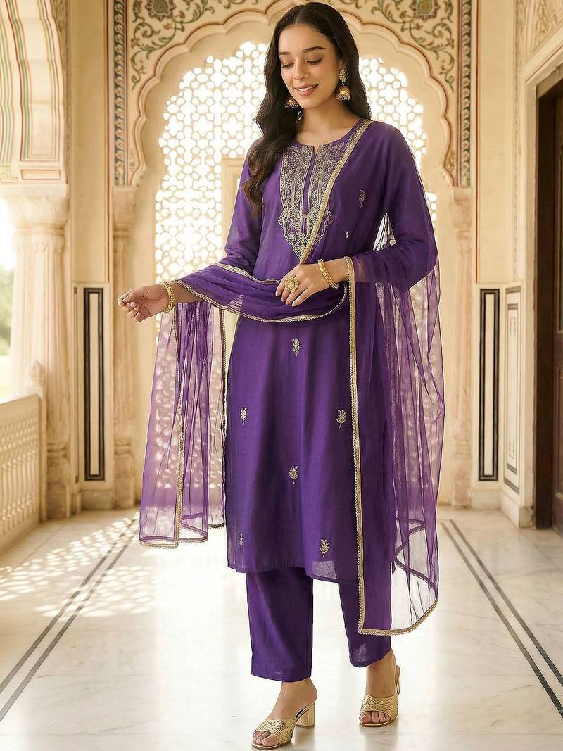 Women Ethnic Motifs Embroidered Regular Thread Work Kurta with Trousers & With Dupatta