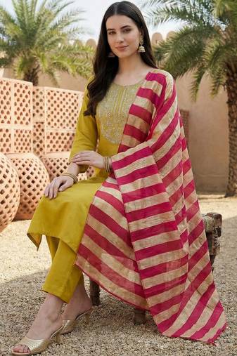 Women Embroidered Regular Kurta with Trousers & With Dupatta