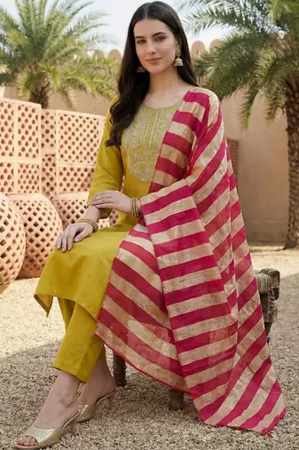 Women Embroidered Regular Kurta with Trousers & With Dupatta