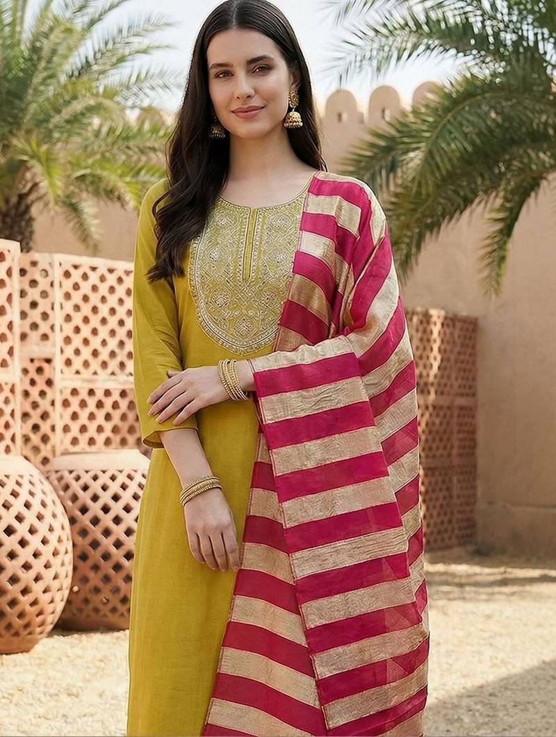 Women Embroidered Regular Kurta with Trousers & With Dupatta