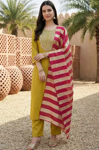 Women Embroidered Regular Kurta with Trousers & With Dupatta