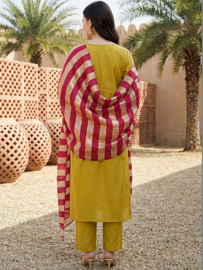 Women Embroidered Regular Kurta with Trousers & With Dupatta