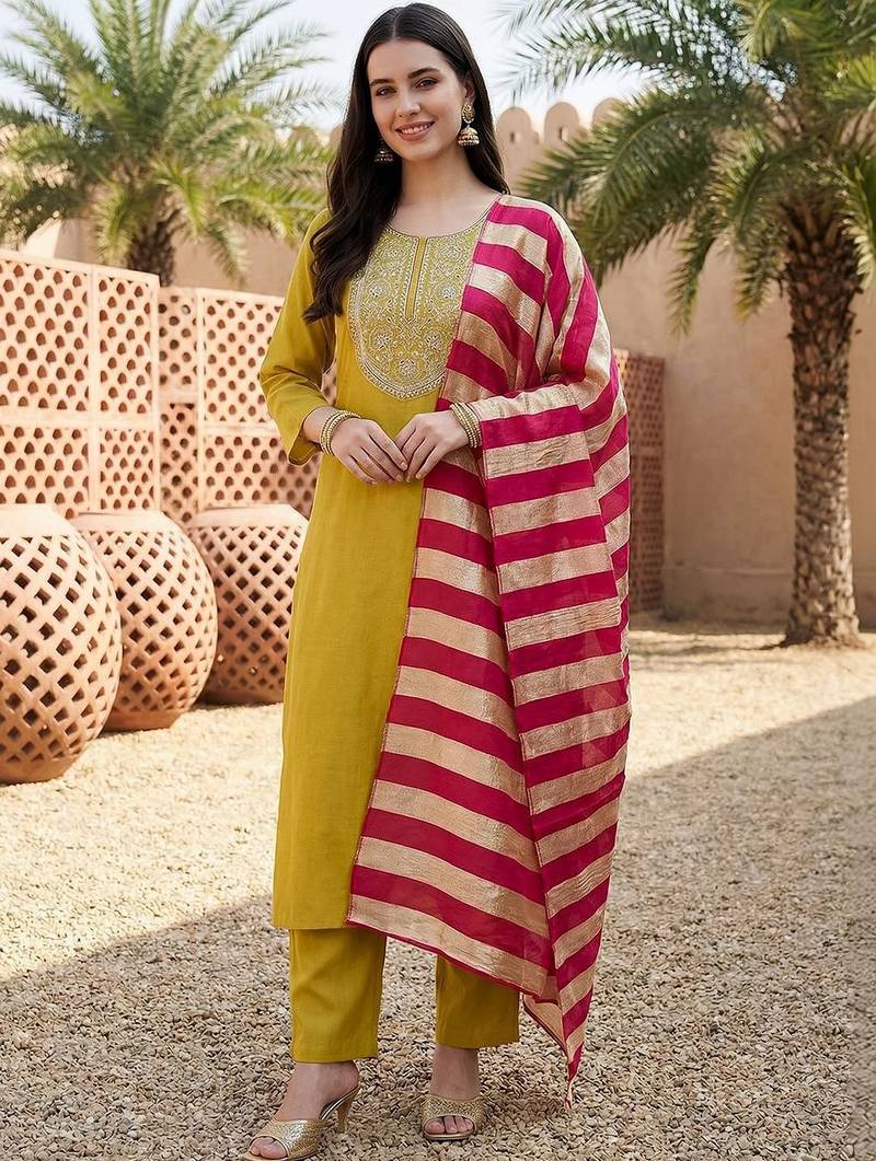 Women Embroidered Regular Kurta with Trousers & With Dupatta