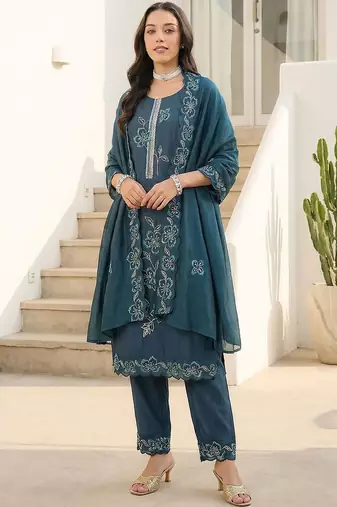 Women Floral Embroidered Regular Thread Work Kurta with Trousers & With Dupatta