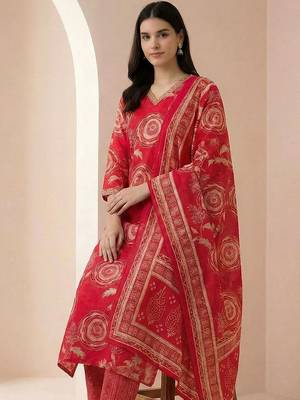Women Ethnic Motifs Printed Regular Chanderi Silk Kurta with Trousers & With Dupatta 1