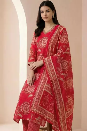 Women Ethnic Motifs Printed Regular Chanderi Silk Kurta with Trousers & With Dupatta