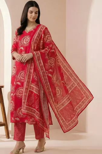 Women Ethnic Motifs Printed Regular Chanderi Silk Kurta with Trousers & With Dupatta