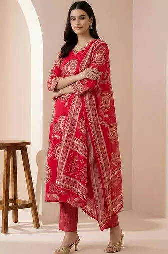 Women Ethnic Motifs Printed Regular Chanderi Silk Kurta with Trousers & With Dupatta