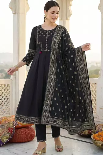 Women Ethnic Motifs Embroidered Regular Thread Work Pure Cotton Kurta with Trousers & With Dupatta