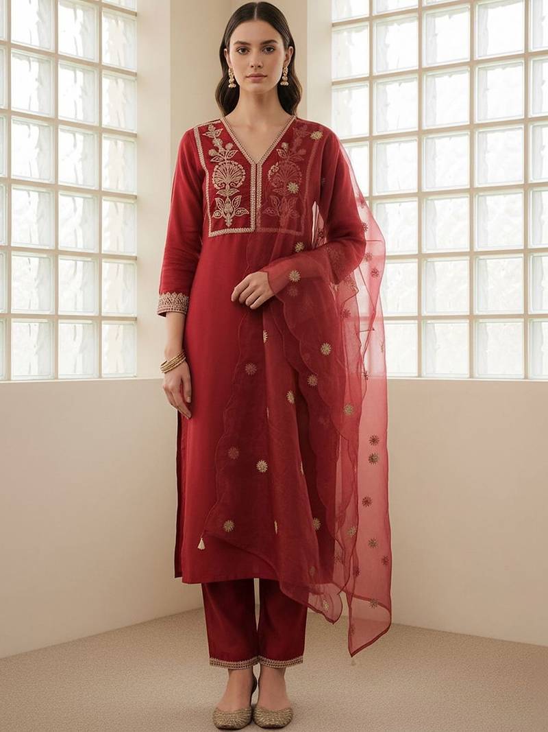 Women Ethnic Motifs Embroidered Regular Thread Work Kurta with Trousers & With Dupatta
