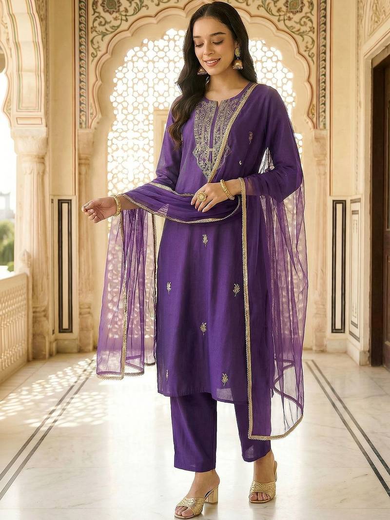 Women Ethnic Motifs Embroidered Regular Thread Work Kurta with Trousers & With Dupatta