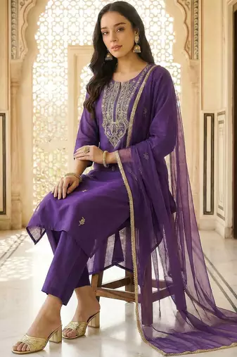 Women Ethnic Motifs Embroidered Regular Thread Work Kurta with Trousers & With Dupatta