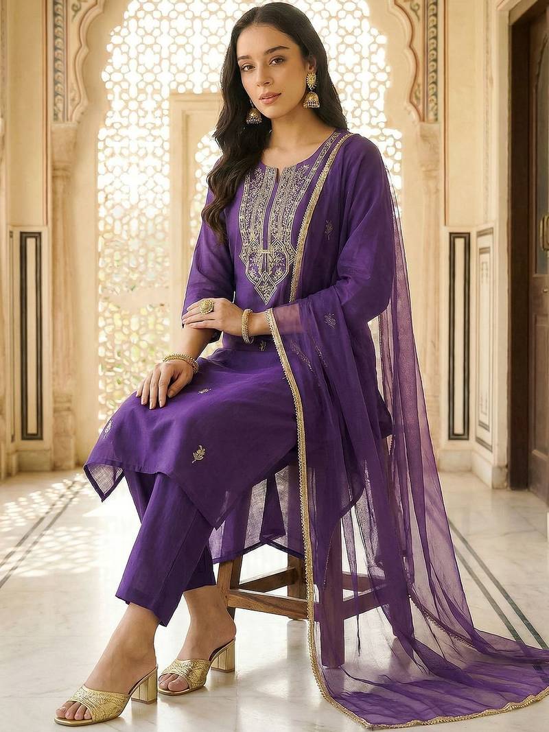Women Ethnic Motifs Embroidered Regular Thread Work Kurta with Trousers & With Dupatta