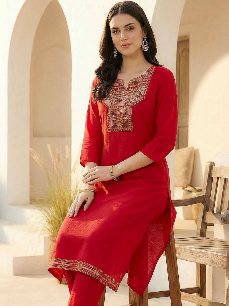 Women Ethnic Motifs Embroidered Regular Thread Work Kurta with Trousers
