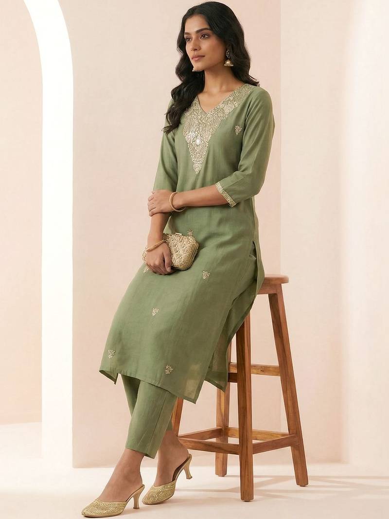 Women Ethnic Motifs Embroidered Regular Thread Work Kurta with Trousers
