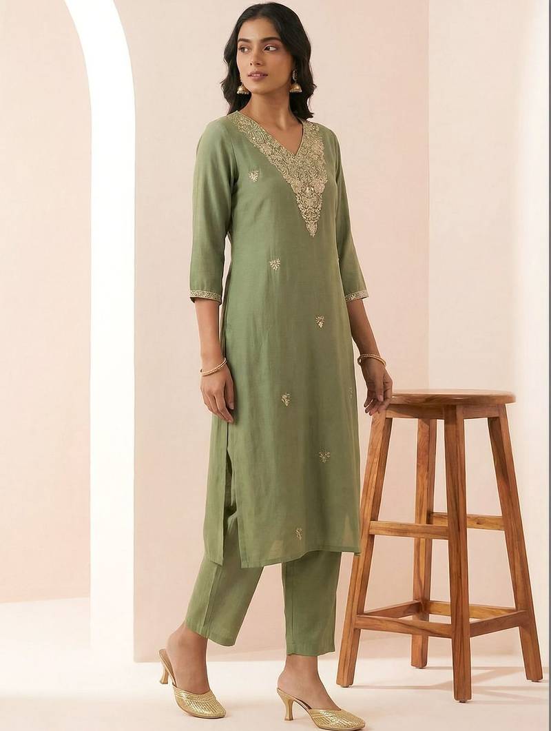 Women Ethnic Motifs Embroidered Regular Thread Work Kurta with Trousers