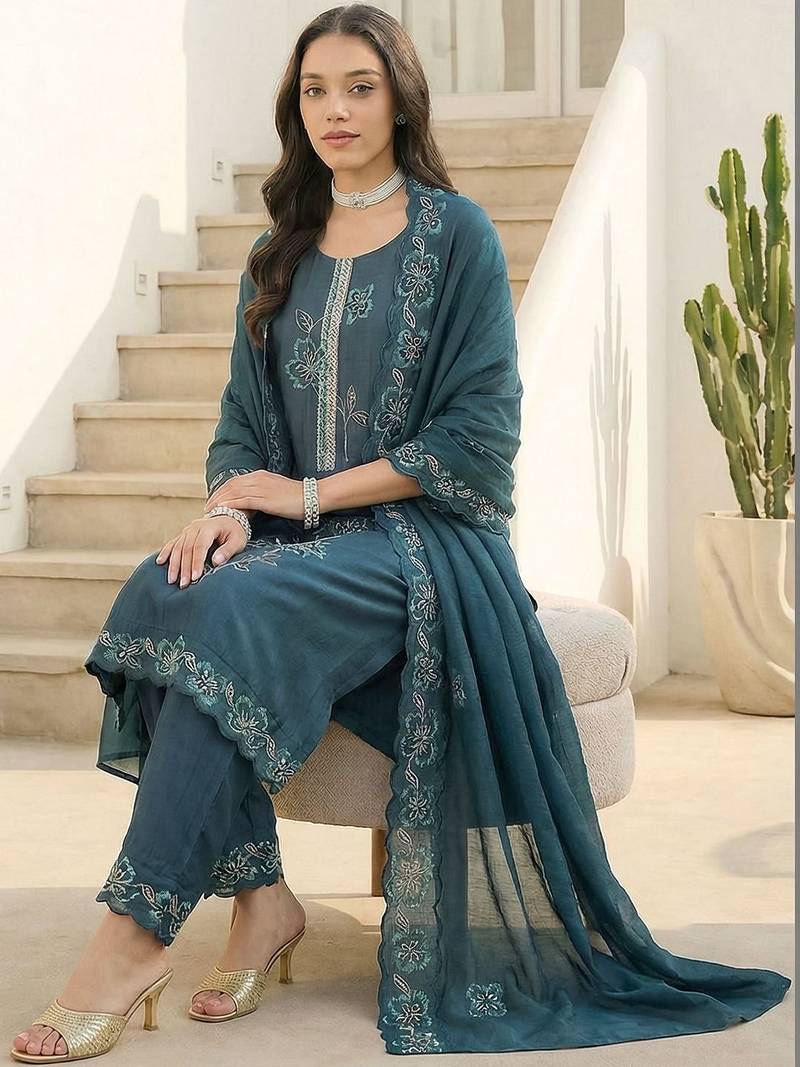 Women Floral Embroidered Regular Thread Work Kurta with Trousers & With Dupatta
