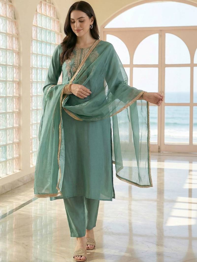 Women Ethnic Motifs Embroidered Regular Thread Work Kurta with Trousers & With Dupatta