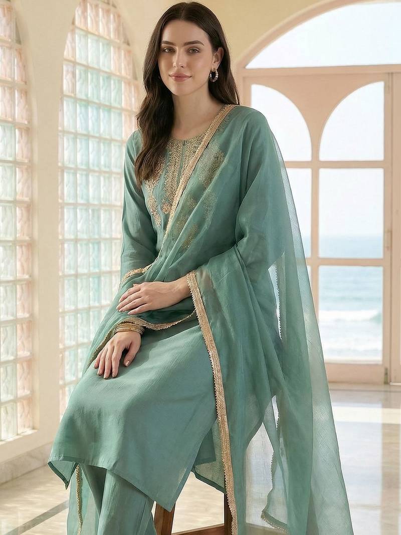 Women Ethnic Motifs Embroidered Regular Thread Work Kurta with Trousers & With Dupatta