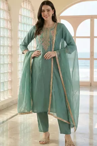 Women Ethnic Motifs Embroidered Regular Thread Work Kurta with Trousers & With Dupatta